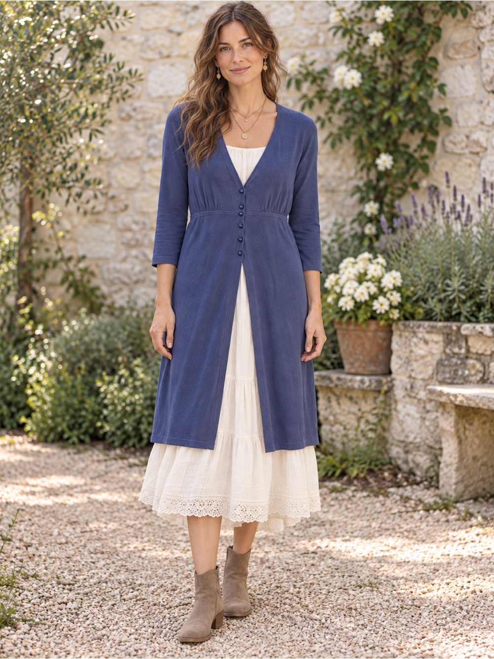 Boden Blue Longline Duster Cardigan US 8 Cottagecore Boho Empire Waist Fine Knit
